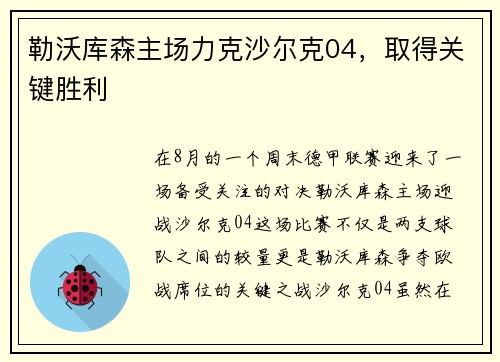 勒沃库森主场力克沙尔克04，取得关键胜利
