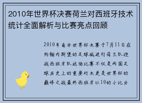 2010年世界杯决赛荷兰对西班牙技术统计全面解析与比赛亮点回顾