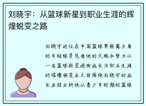 刘晓宇：从篮球新星到职业生涯的辉煌蜕变之路